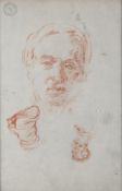 Italian School, print of a sheet of red chalk sketches of heads and a boot.