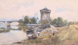 Thomas Bush Hardy (1842-1897), watercolour, loading the boat beneath a tower.