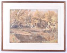 Basil Holmes (British, 19th century), watercolour, figures approaching a pond through trees.