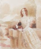 A 19th century watercolour portrait of a young women holding a small dog.