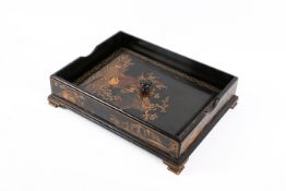A Lord Roberts' Memorial Workshops black lacquer chinoiserie paperwork desk tray.
