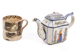 An HR Quimper creamware polychrome teapot and an 18th/19th century mug.