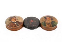A 19th century papier mache snuff box and two Austrian wooden tobacco boxes.