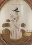 An early 19th century silk on silk embroidery of a young woman.