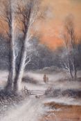 A Hines (British 19th century), oil on board, depicting a snowy woodland scene. Signed and dated 'A.
