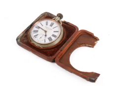 A Barrett & Sons goliath pocket watch with a leather case and plate stand.