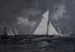Charles Dixon (1872-1934) monochrome oil on canvas, 'Yacht racing off Cowes'.