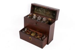 A Victorian mahogany apothecary box with a brass handle to the top.