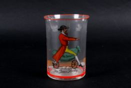 A 19th century polychrome glass beaker titled 'The Jews Hobby'.