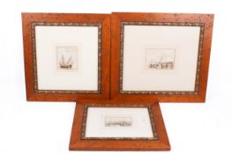 Three small sepia watercolour, pencil and ink drawings of boats.
