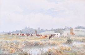 John Macpherson (active 1858-1891), watercolour. Cattle watering, Rochester Castle.