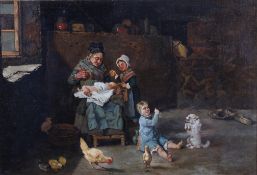 A 19th century oil on canvas, family in a cottage. Indistinctly signed 'F.