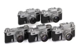 Five Kiev 35mm Rangefinder Cameras. To include a 3, a 4, and three 4A's.