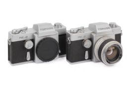 Two Topcon RE-2 35mm SLR Cameras. Both Chrome. Serial numbers 5616362 and 5630812. With a 5.8cm f1.