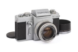 A Topcon RE Super 35mm SLR Camera. Chrome. Serial number 4652570. With a Tokyo Kogaku 5.8cm f1.