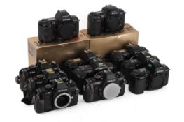 Eleven Nikon SLR camera bodies.