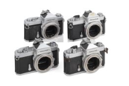 Four Nikkormat 35mm SLR camera bodies. To include a chrome FT, a chrome FT2, and two chrome FTN.