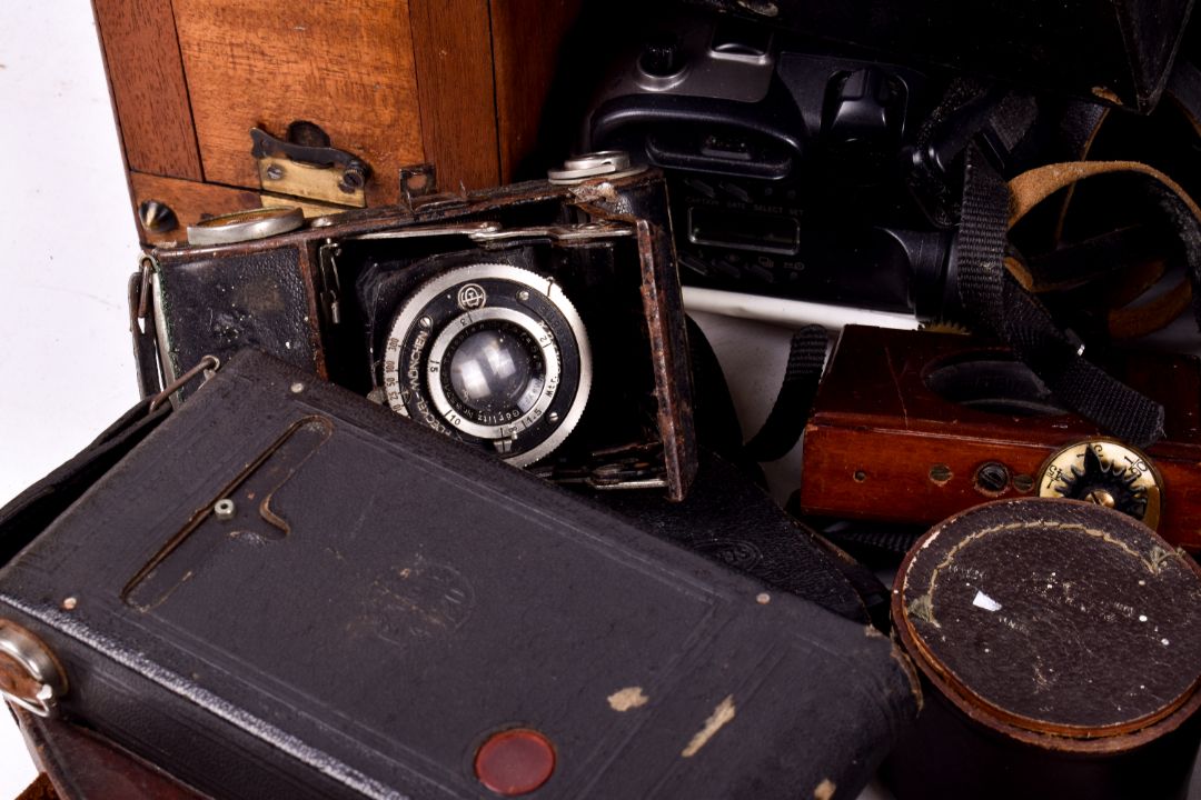 Box of assorted film cameras and accessories. Including a mahogany cased, folding, etc. - Image 2 of 3