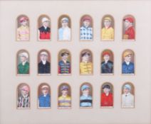 Framed set of 18 vintage cigarette trading cards, depicting famous jockeys. Framed and glazed.