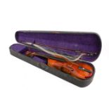 A vintage violin and bow in a wooden coffin shaped case. Body 35.5cm total 58.