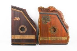 Two vintage zithers, musical stringed instruments.