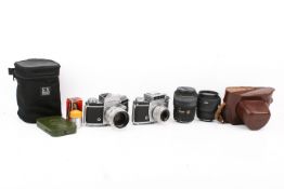 Two vintage Exakta Varex 35mm film cameras. Consisting of a IIa and IIb with Jena b 1:2 f=58 Nr.