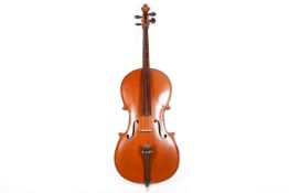 A Datiqin 4/4 size cello with bow and a padded back pack carry case.