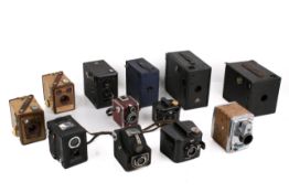 A collection of assorted vintage cameras, mostly box type.