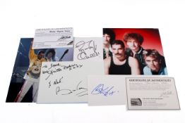 John Deacon, Brian May and Roger Taylor (Queen) autographs with photographs.