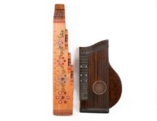 Two assorted vintage harp zithers, musical multi stringed wooden instruments.