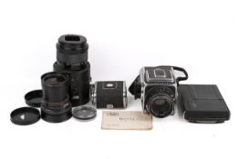 A Hasselblad 500C 6x6 medium format SLR camera outfit. Body serial number TU 78369, 1967.