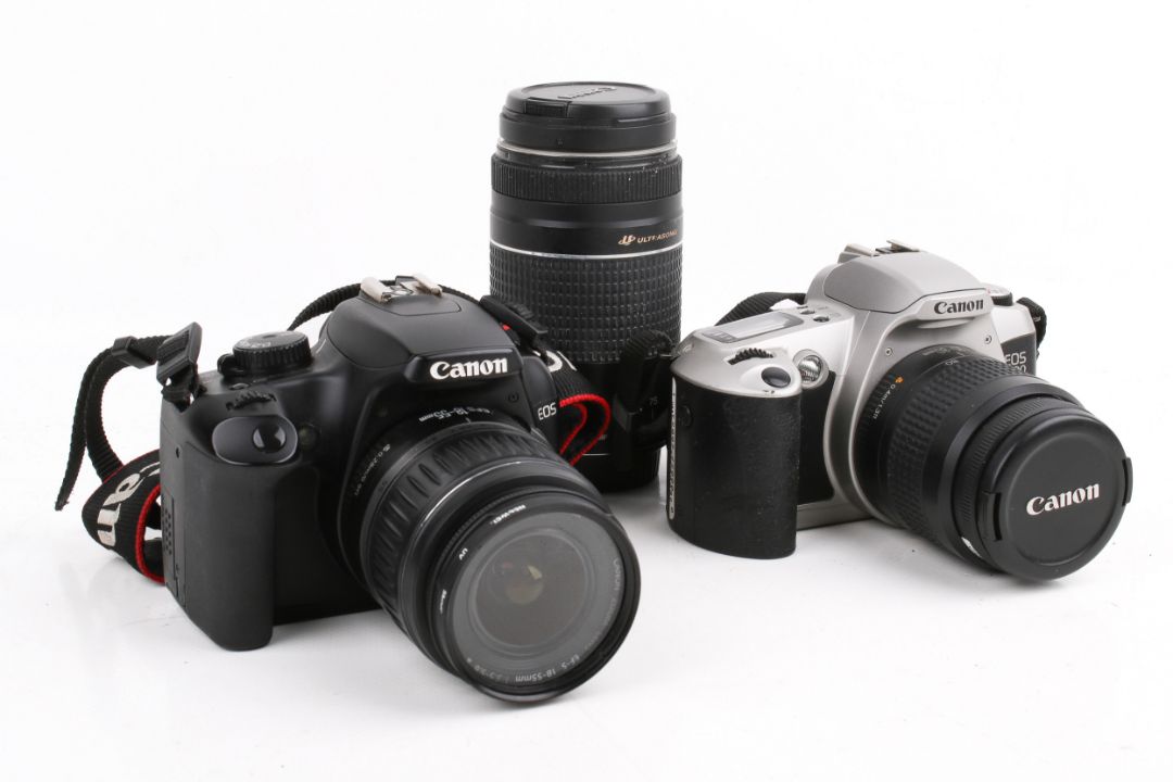 Two Canon SLR cameras and three lenses. - Image 1 of 3
