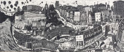 A Claire Heminsley (present) woodcut of Bristol. 17cm x 40cm, framed and glazed 31.