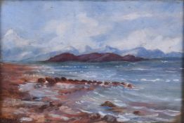 E. McEwan - Coastal scene with mountains, oil on board.