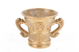 A Bristol Brass Apothecary mortar. The handles modelled as creatures, marked to the base, H7.