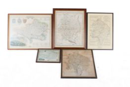 Five vintage framed maps. Including Hoare & Rees 'Eden's New Map of Warwickshire', 45cm x 37cm, etc.