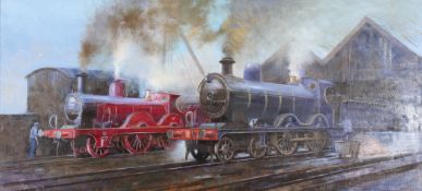 Alan Ward (20th Century) - Steam trains, Crimson & Prussion on Bath Shed, oil on board.