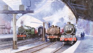 Alan Ward (20th Century) - Steam trains, Temple Meads, oil on board.