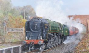 John Hayden (20th Century) - Steam train, Corfe Mullen Halt station, acrylic on canvas.