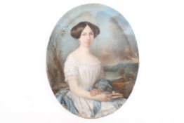 A large mid-19th century oval portrait, oil on canvas of a young woman.