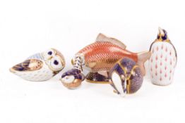 Five Royal Crown Derby animal figures.