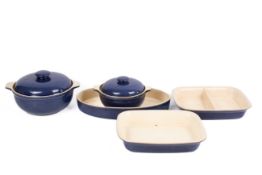 A collection of five Denby Classic Colouroll blue glazed serving dishes. Including two tureens, etc.