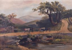 Oil on canvas - cows crossing a bridge. Monogrammed lower left, 49cm x 35cm, framed.