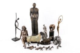Bronze patinated figure of a sheep and a small quantity of cold cast resin bronze finish figures.