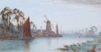 V Allan, early 20th century, watercolour of boats and a mill. Signed lower right, 19.