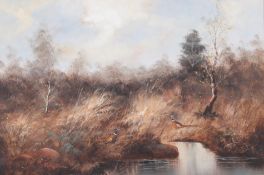 Peter Blake (20th Century) - pheasants by a stream, oil on canvas. Signed lower left, framed.