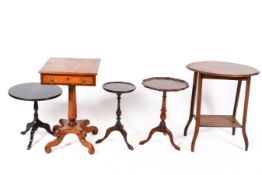 A group of five assorted side or occasional tables. Three having tripod bases.