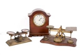 Two sets of miniature scales and an edwardian 8-day mantle clock. the scales an a s.