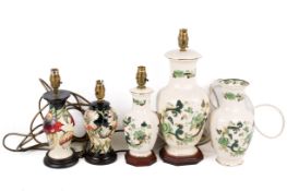 Two Moorcroft lamps and three pieces of Masons ceramics.