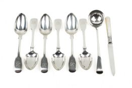 A set of six Victorian silver spoons, a small ladle and a knife.